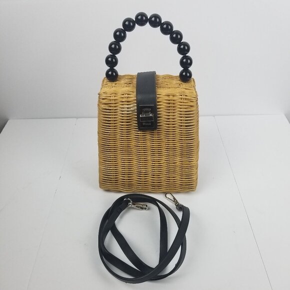 Straw Crossbody Purse with Large Black Bead Handle - Picture 1 of 9